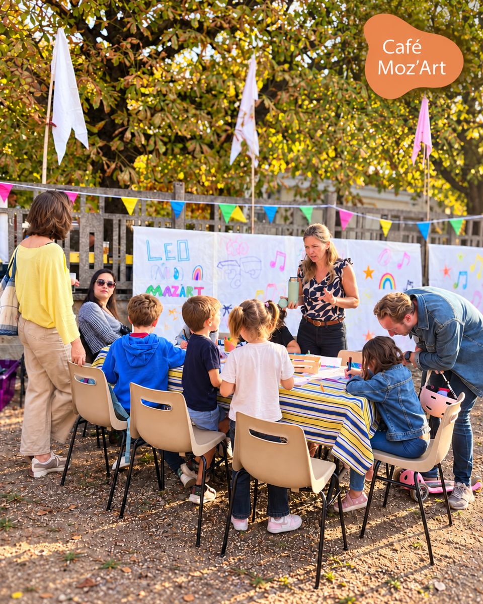 Des enfants dessinent leur fresque autour d'une table pendant l'initiation Street Art