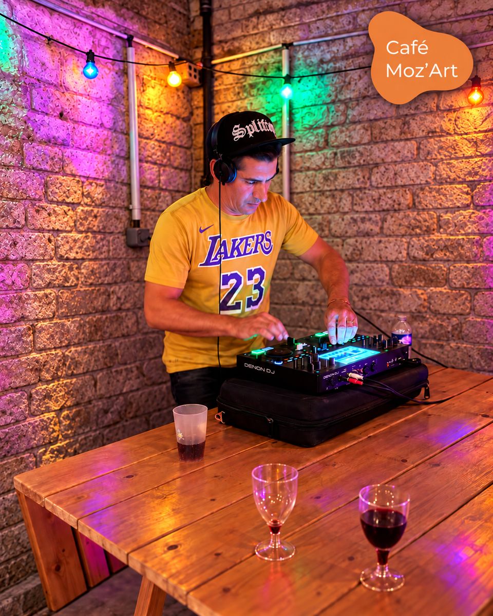 DJ Golokan aux platines sous les guirlandes lumineuses