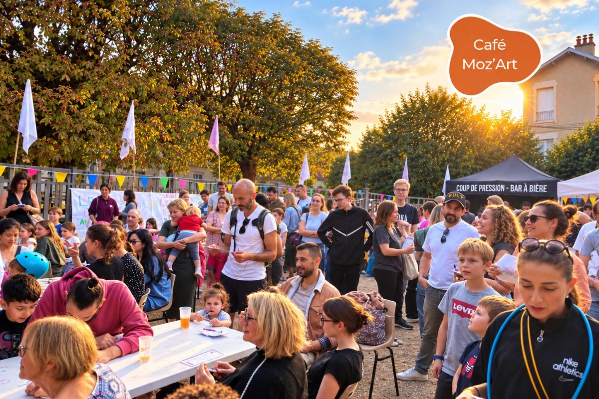 La place Mozart pleine de monde au coucher du soleil pendant le Café Moz'Art Festival